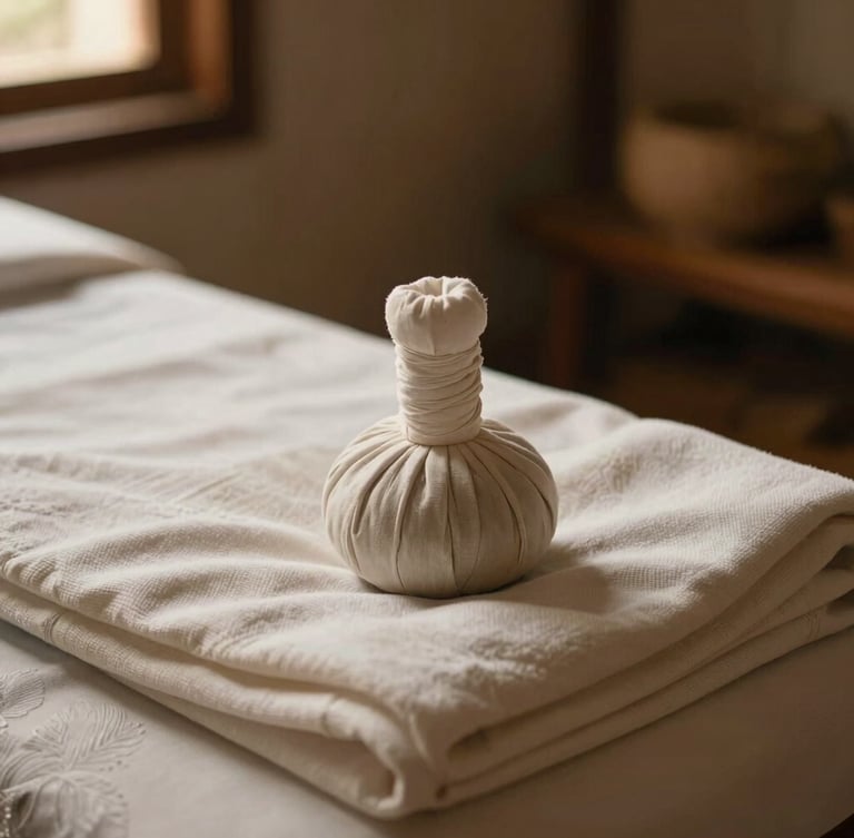 Warm editorial close-up of traditional Thai massage details, clean folded linens, herbal compresses under soft golden window light, 35mm