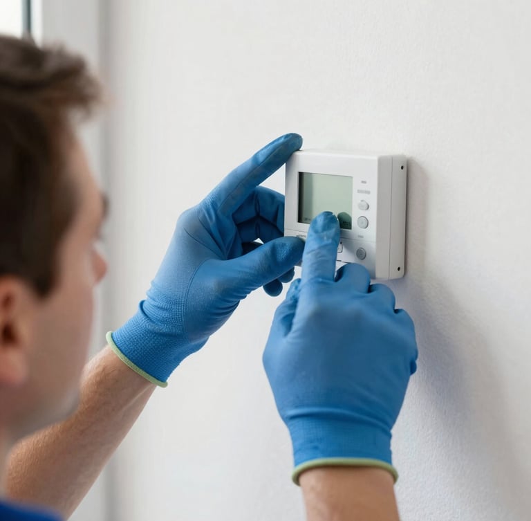 Close-up of a professional HVAC technician's hands in blue gloves adjusting a digital thermostat interface on a modern wall-mounted heat pump, bright daylight, sharp focus on technical details, 35mm