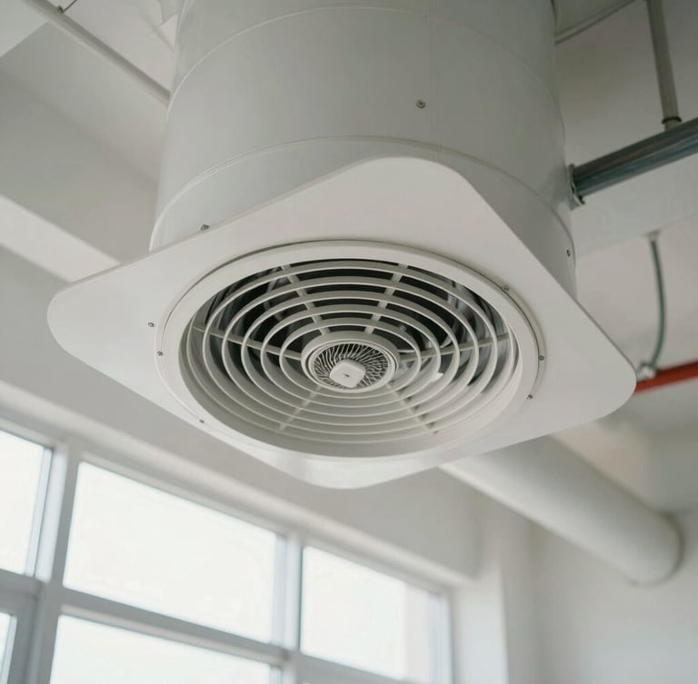 Close-up of a clean modern ventilation duct system, bright natural light, sharp focus on technical details, 35mm