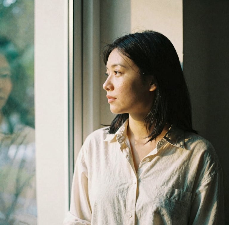 Thoughtful 35mm portrait of a creative founder looking out a window, soft directional window light, natural shadows, warm editorial tones.