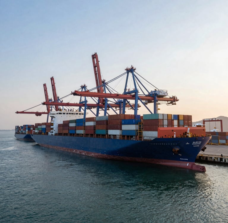 Wide panoramic view of a deep-water port at sunrise, massive container ships docked, clinical cool morning light, industrial precision.