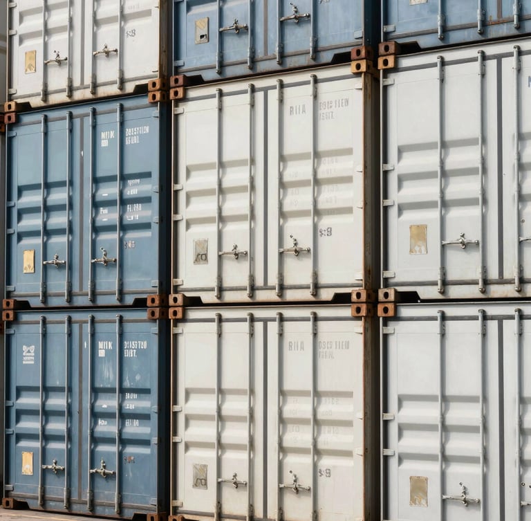 Close-up of clean, organized shipping containers stacked at a Dutch deep-water port, bright daylight, high-contrast composition, clinical industrial feel.