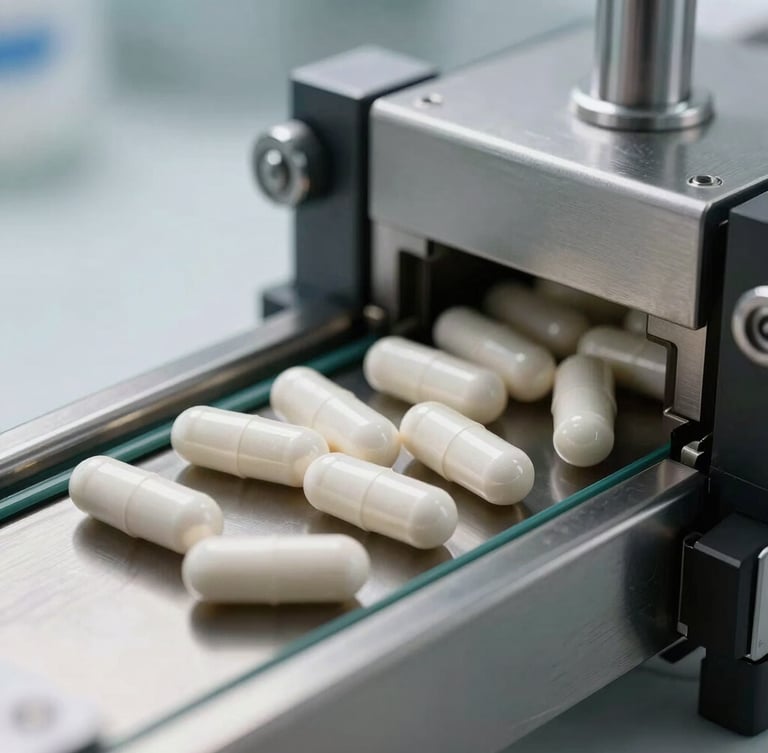 Macro close-up of premium white supplement capsules being sorted on an automated, clinical stainless steel conveyor belt under bright studio light, portrait orientation