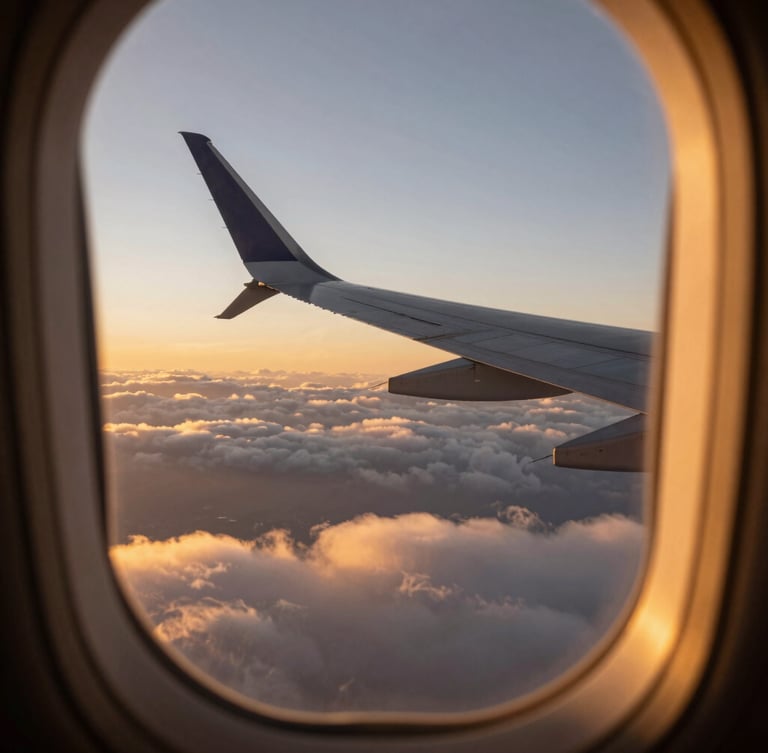 Vista desde la ventanilla de un avión mostrando un ala sobre nubes suaves al atardecer, luz cálida de hora dorada, encuadre cinematográfico.