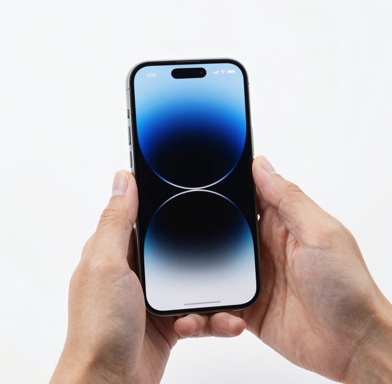Hands holding a pristine space gray iPhone naturally, displaying active battery health metrics, bright studio lighting