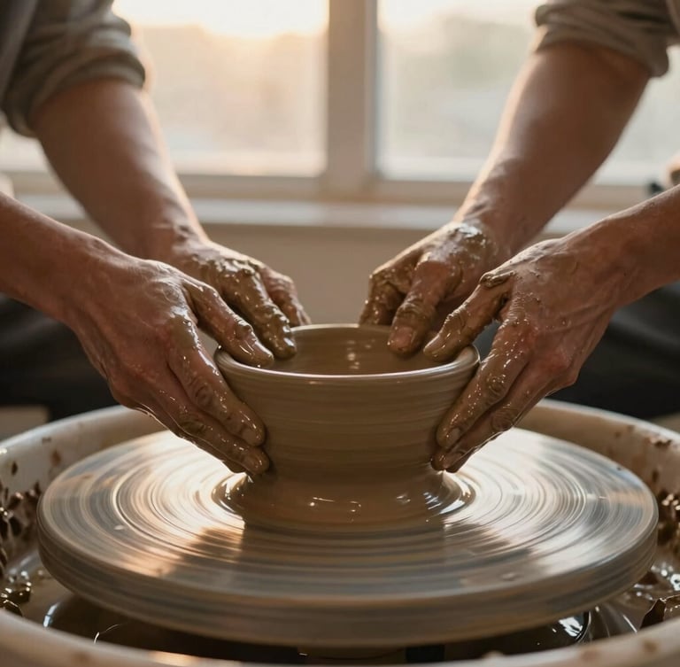 A close-up vertical shot of wet clay spinning on a potter's wheel, muddy hands gently shaping the rim of a bowl, soft golden-hour window light, shallow depth of field, 35mm.
