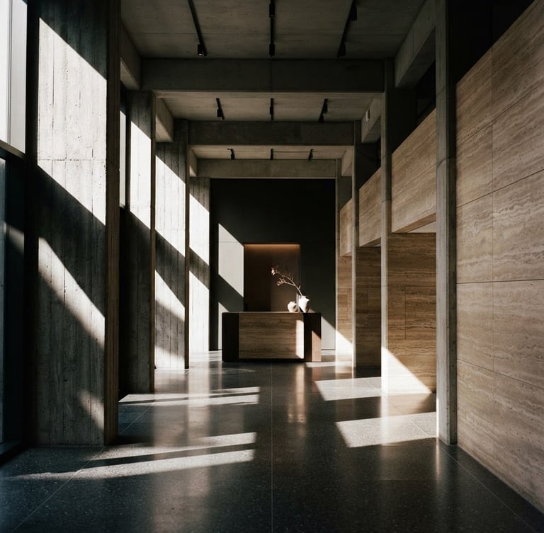 Symmetrical architectural shot of a minimalist concrete and travertine lobby, hard side-lighting, dramatic deep shadows, 35mm photography