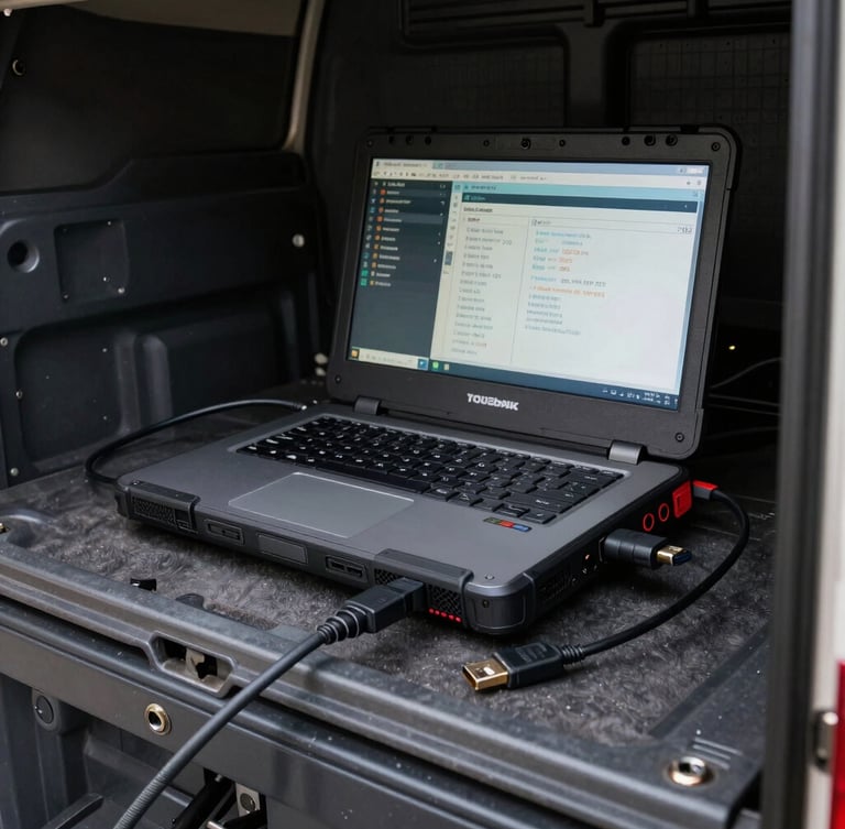 Ruggedized Panasonic Toughbook laptop showing ECU diagnostic software connected via a thick black Nexiq USB-Link cable inside a dark truck cab, high-contrast shop lighting highlighting the hardware connections