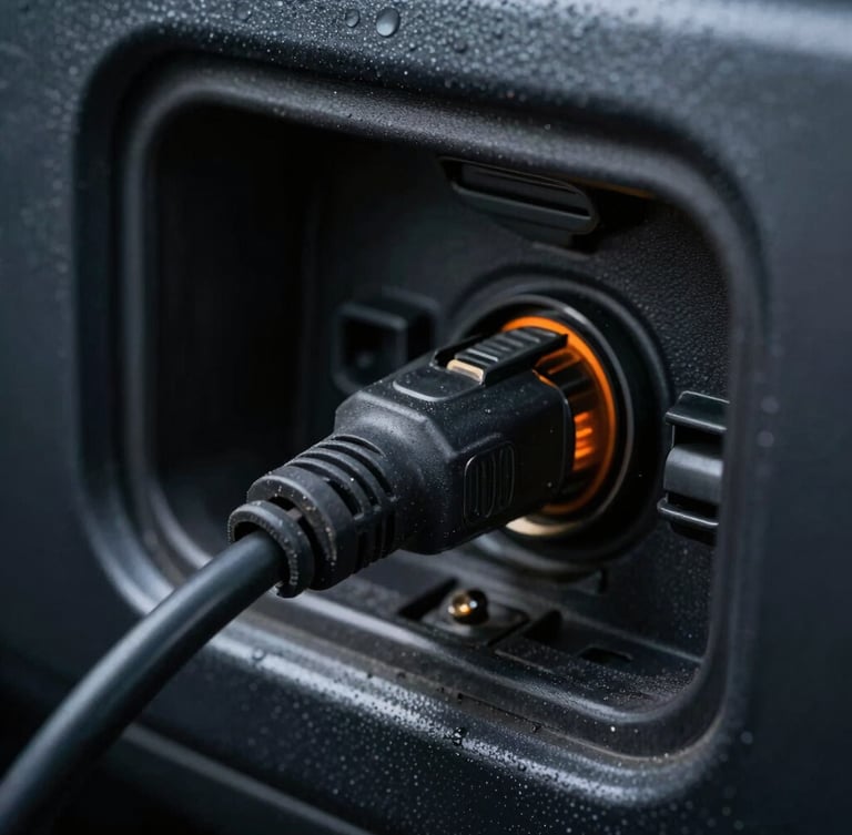 High-contrast macro photo of a rugged 9-pin diagnostic cable plugging into an OBD port inside a dark truck cab, sharp orange highlight from a status LED, low-key environment with sharp highlights on metal.