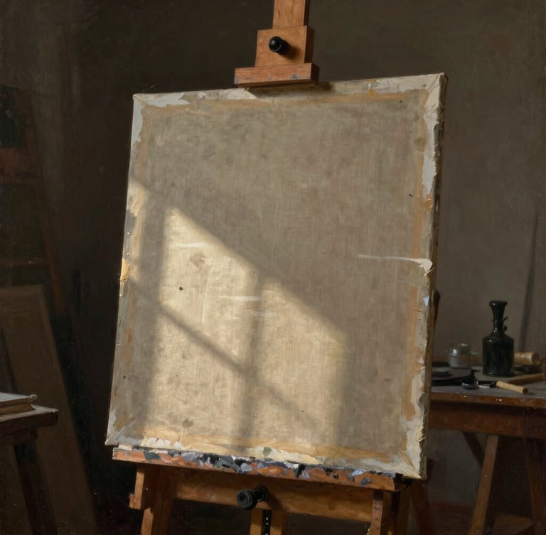 A portrait-oriented view of an artist's easel holding a linen canvas in a dimly lit Madrid studio, dramatic single-source window light casting deep shadows, warm earth tones, chiaroscuro style.