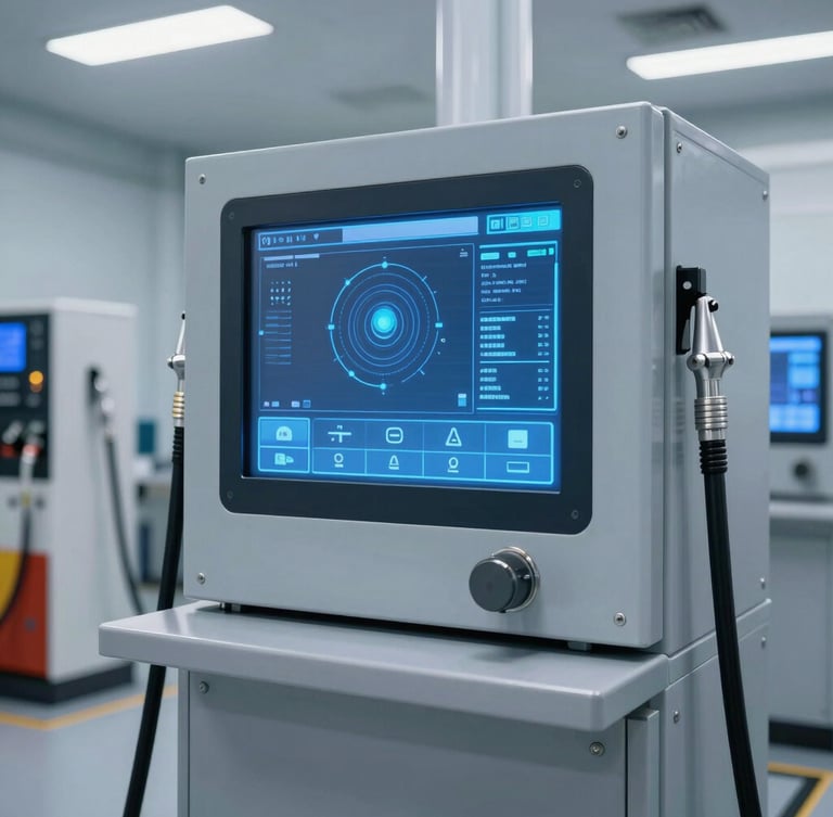 Captura de video técnico de alta definición mostrando un cuarto de bombas automatizado en un edificio corporativo, con interfaz de control digital translúcida superpuesta, iluminación azul de precisión, estilo cinematográfico industrial de ingeniería.