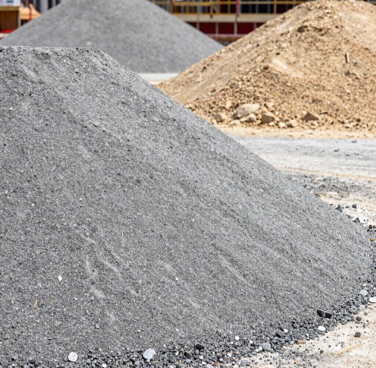 Close-up of clean building aggregates, gravel and sand pile on a construction site, sharp focus, industrial editorial photography