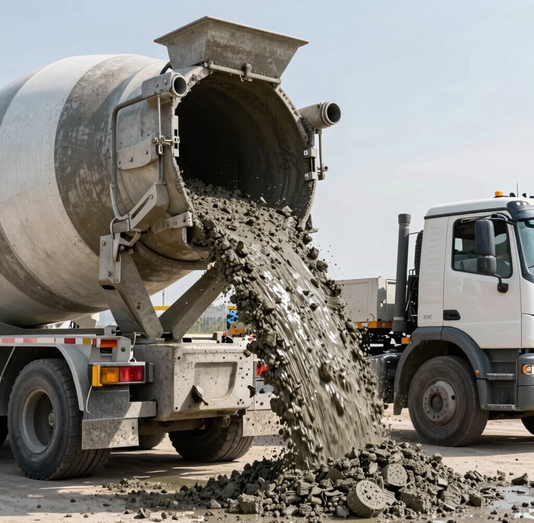 Industrial editorial photography of a concrete mixer truck pouring fresh concrete into a pump hopper on a bright morning, high contrast, rich textures of wet concrete, 35mm.