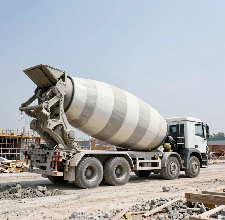 Wide-angle industrial editorial photography of a concrete mixer truck discharging concrete on a construction site, bright daylight, high contrast, 35mm
