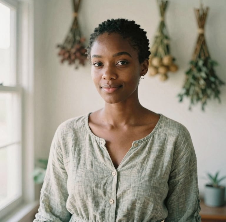 A soft-focus portrait of Maraeyah Taylor, a black woman with a warm, serene expression, wearing a linen dress, standing in a sunlit room with dried herbs hanging behind her, warm morning light, shallow depth of field.