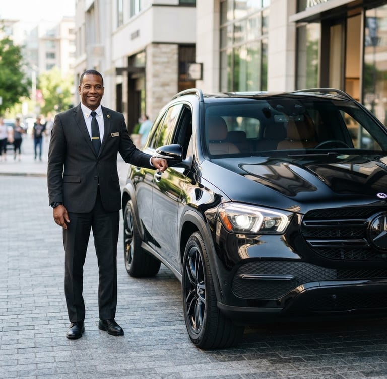 A professional commercial driver in a neat uniform standing next to a clean premium SUV, bright daylight, high contrast yellow and black tones, sharp focus, 35mm lens