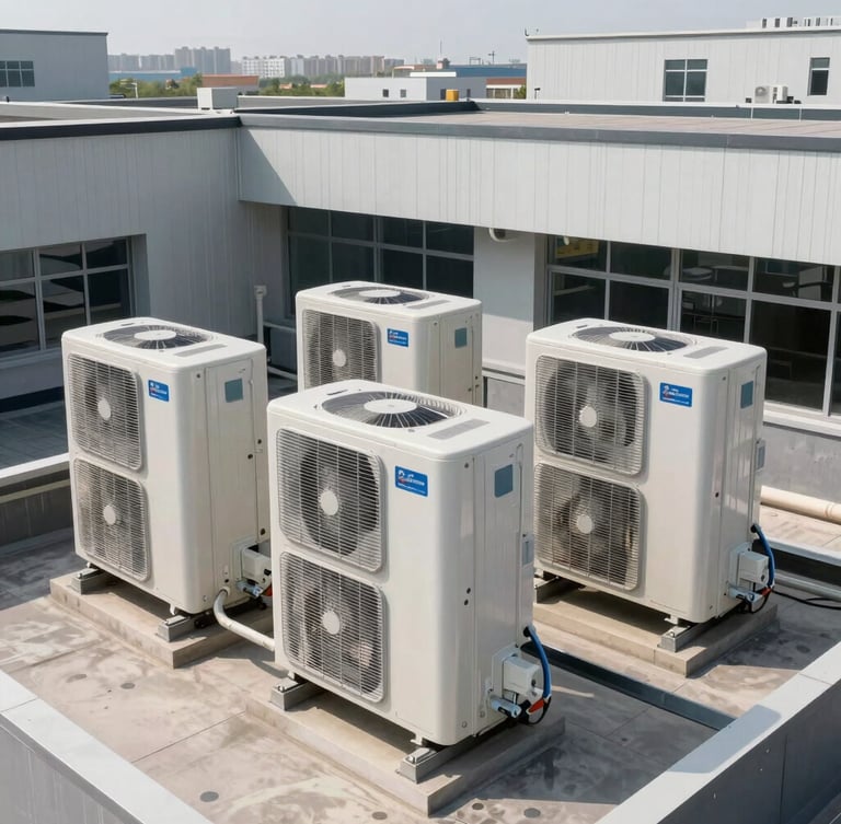 Wide environmental shot of a modern commercial HVAC system on a building roof, clean lines, bright daylight, technical and orderly layout.