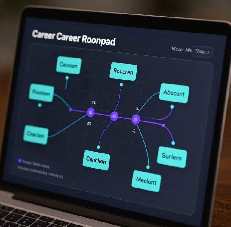 A high-fidelity UI mockup of a career roadmap trajectory chart on a dark-mode screen, cool-toned cyan and purple neon accents, sharp focus, clean sans-serif data visualization.