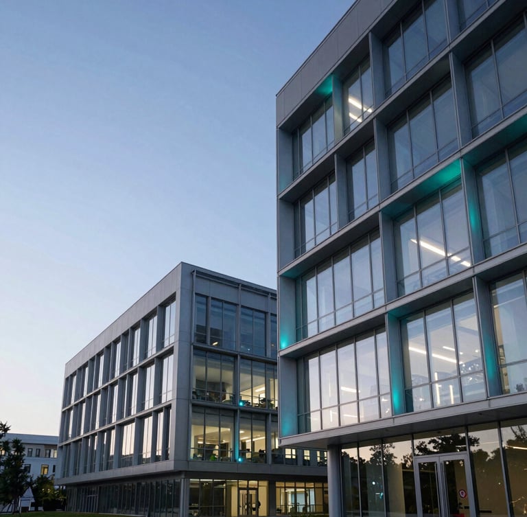 Wide architectural crop of a modern university campus with glass facades reflecting a crisp twilight sky, cool cyan lighting accents, clean lines, negative space on the left.