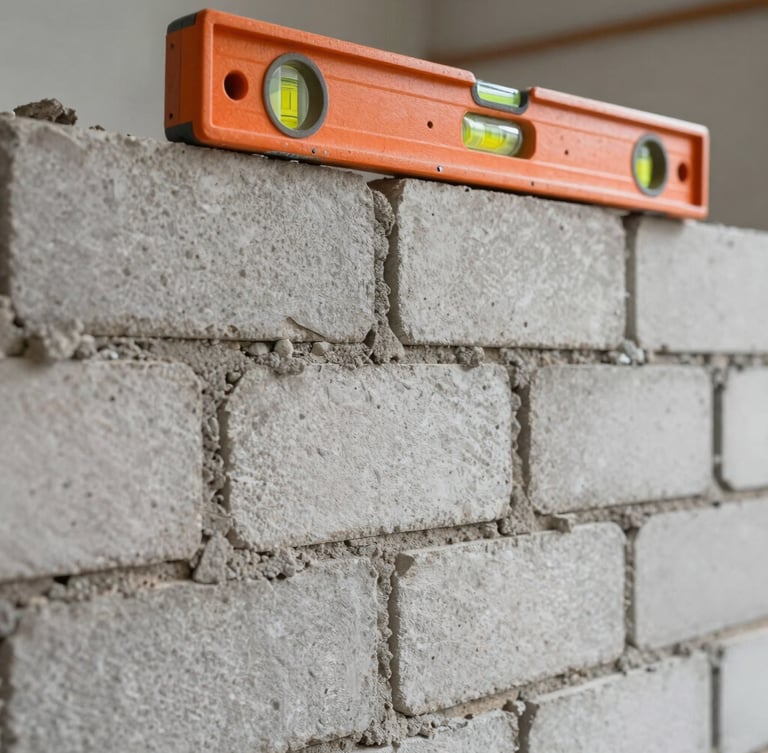 Close-up of a perfectly aligned structural masonry wall, clean mortar joints, sharp safety-orange level tool resting on top, bright natural lighting