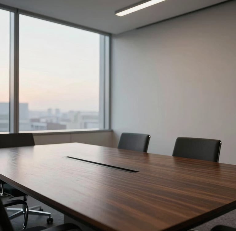 Empty minimalist executive boardroom with a solid dark wood table, soft natural evening light coming through large windows, clean structural lines, professional 35mm