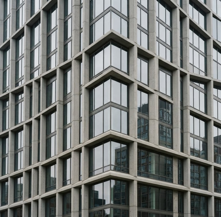 Architectural close-up of a modern corporate concrete and glass skyscraper facade, sharp clean lines, soft natural overcast daylight, professional 35mm photography