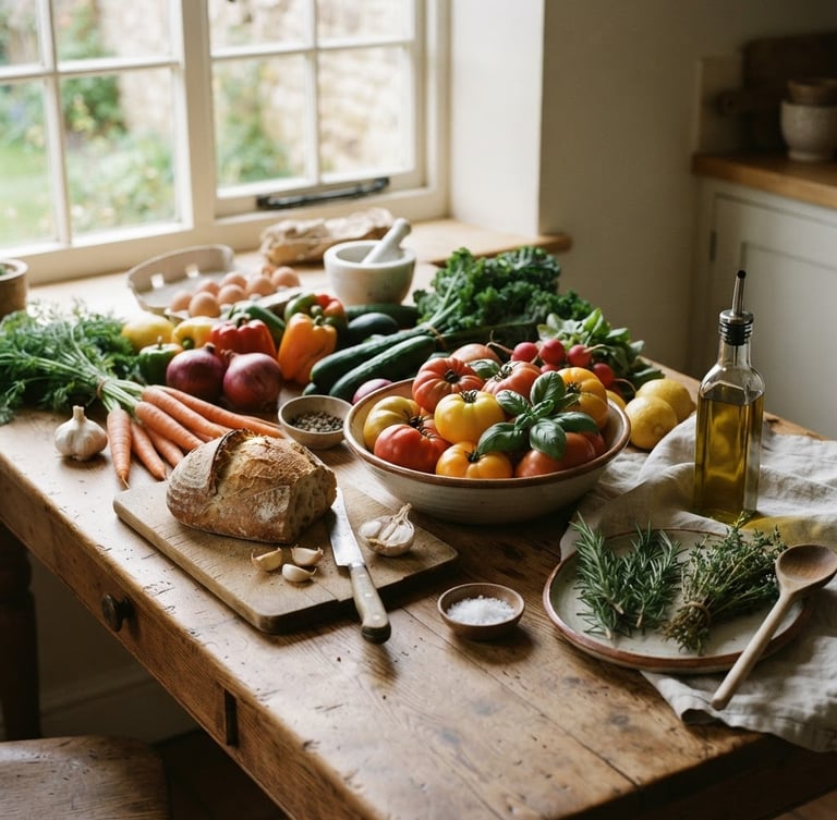 Generous landscape view of fresh organic ingredients on a rustic wooden table, soft natural window light casting gentle shadows, olive oil bottle and rosemary sprigs to the side, warm editorial photography, 35mm