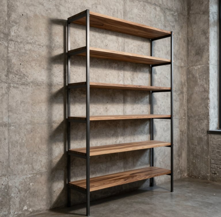 Portrait shot of a modern industrial loft corner, concrete walls, showcasing a tall custom steel bookshelf with thick hardwood shelves, dramatic side shadows, warm natural light.