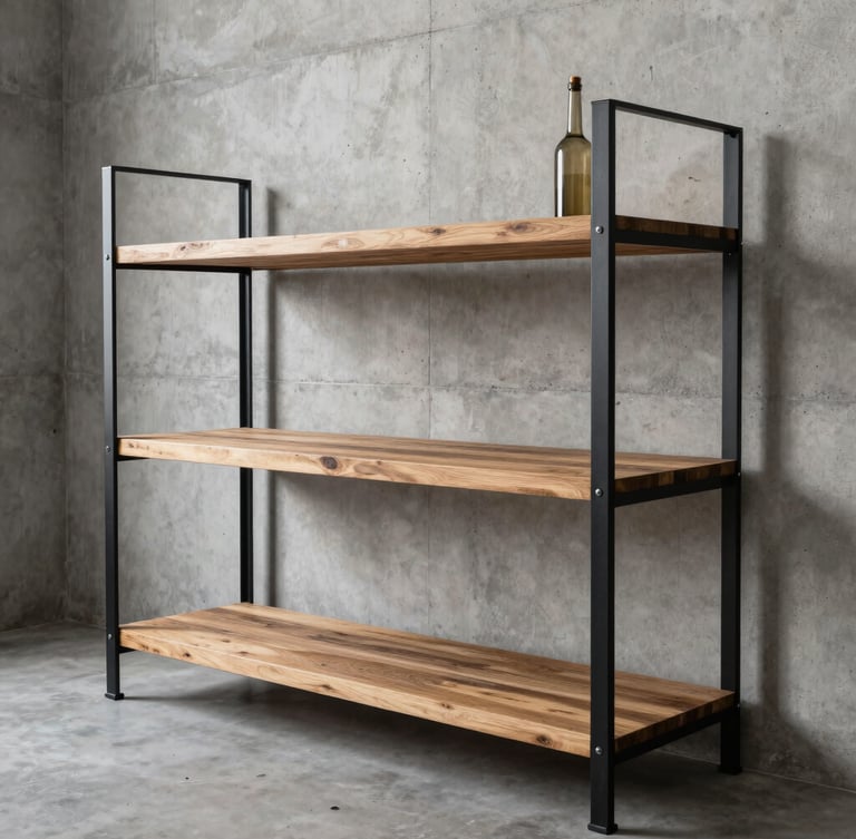 Portrait shot of a custom industrial shelving unit made of matte black steel frames and thick rustic Angelim wood shelves, styled in a modern concrete apartment