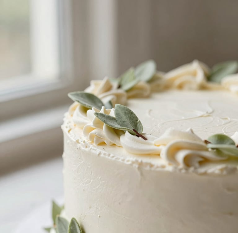 Macro detail of textured white buttercream cake with delicate sage green botanical accents, soft side-lit window daylight, editorial food photography