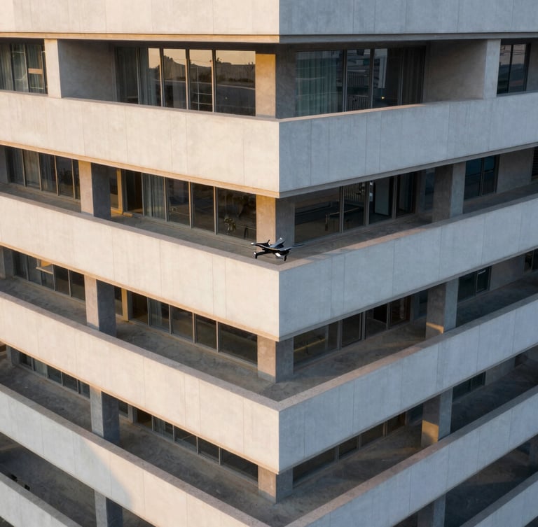 Precise technical drone flying over a modern architectural structure, clean geometric composition, sharp details, golden-hour light