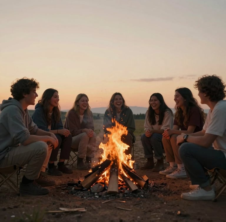 Wide-angle candid photo of a group of young adults laughing around a campfire at sunset, warm earthy tones, 35mm film look, low horizon, with generous negative space on the left.