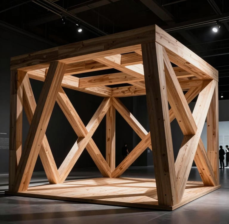 Close-up of a parametric wooden pavilion structure, interlocking geometric shapes, dramatic side lighting casting long shadows, architectural photography style.