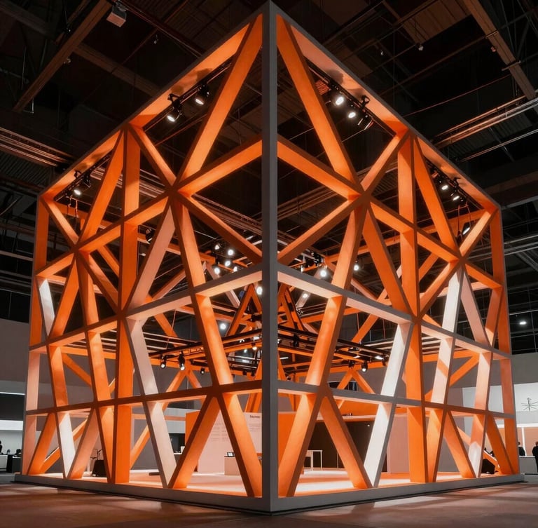 Architectural photography of a massive parametric exhibition stand, dramatic orange and white structural lighting, high contrast, industrial-chic aesthetic, wide-angle lens, sharp focus