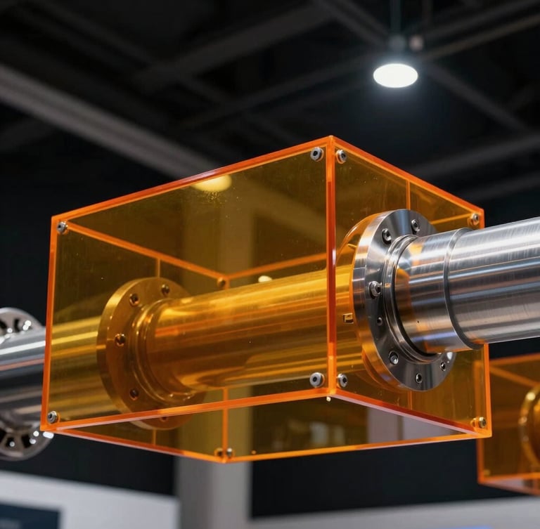 Close-up of a high-precision metal joint and orange acrylic panel on a massive exhibition stand, dramatic lighting, professional architectural photography