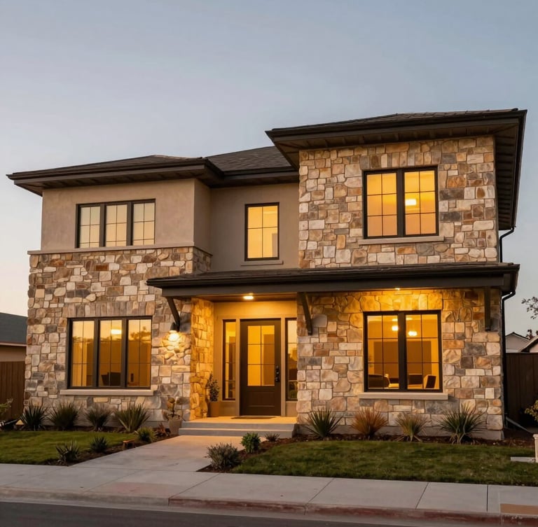 A beautiful modern West Texas home exterior at golden hour, warm stone accents, clean architectural lines, glowing windows