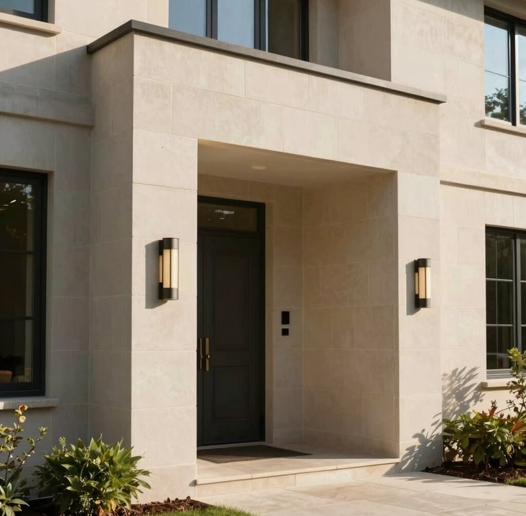 Sun-drenched architectural detail of a modern Midland home entrance, highlighting clean stone lines and warm natural light.