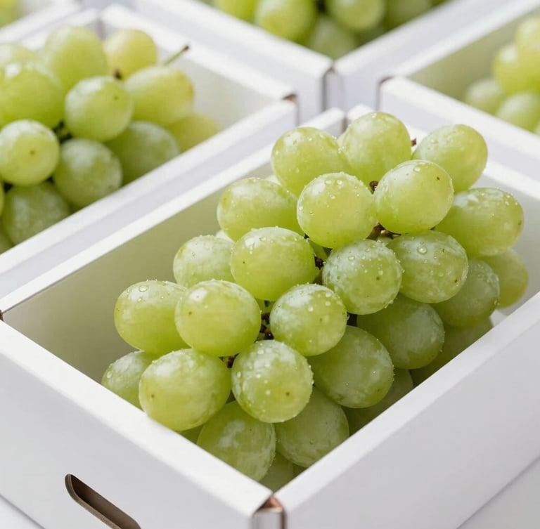 Macro shot of pristine, unblemished fresh green grapes packed neatly in commercial export cartons inside a bright, modern, clean white packaging facility, sharp editorial photography, bright morning daylight.