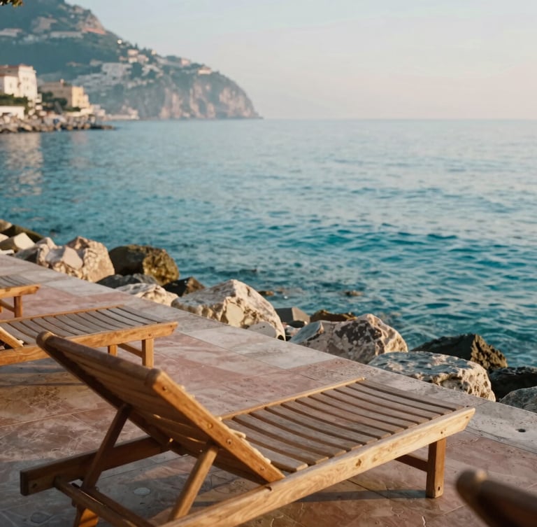 Empty wooden sun loungers on a private rocky cove in Maiori, crystal clear turquoise water, soft morning sea mist, warm light