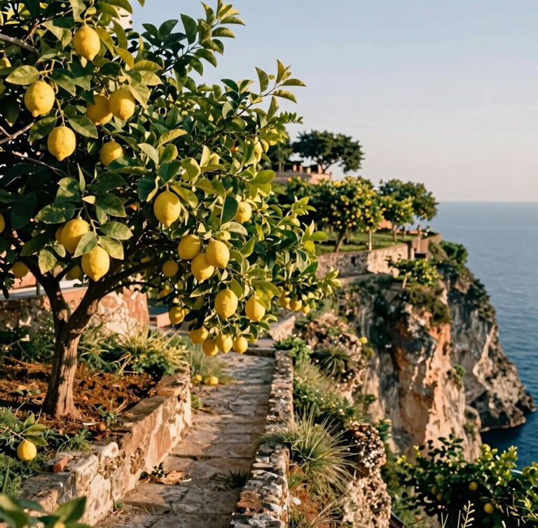 Terraced lemon groves on a steep cliffside in Maiori, sunbeams filtering through green leaves and bright yellow lemons, stone pathways