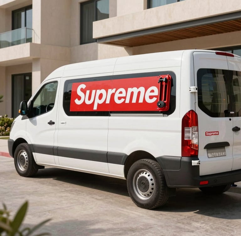 A professional Supreme Electrician van parked outside a modern villa in Dubai, clean tools neatly organized