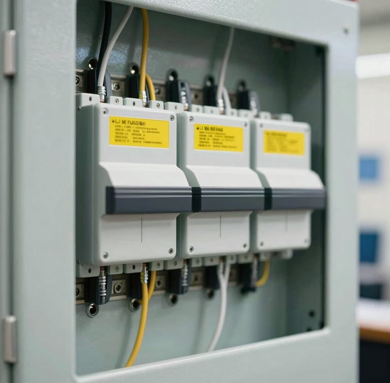 Close-up of a neatly wired modern distribution board with safety yellow labels, clean professional craftsmanship, bright even lighting