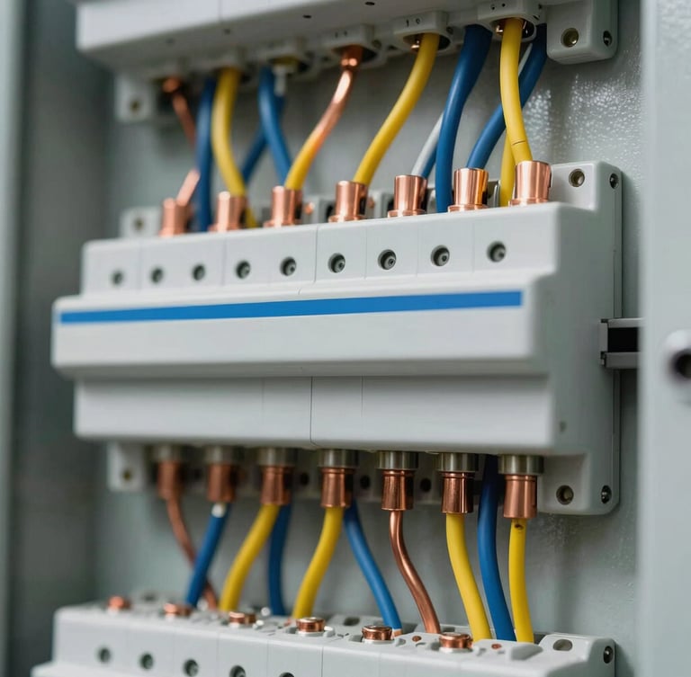 Macro close-up of a modern, neatly wired electrical distribution board, copper busbars and clean yellow and blue wires under bright professional lighting.