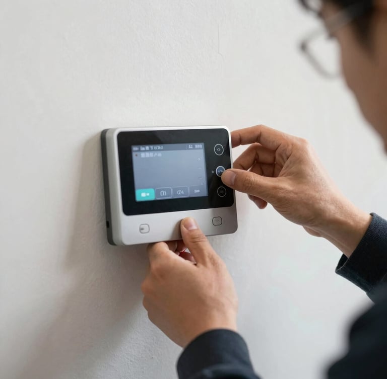 Macro close-up of a certified technician installing a sleek smart automation touch panel on a clean plaster wall, precise wiring visible inside, bright neutral lighting.