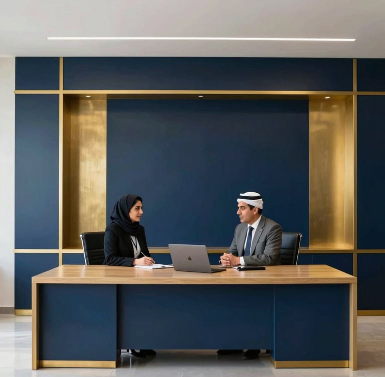 Executive office daylight, a professional corporate consultation between financial compliance officers in Baghdad, modern interior with deep navy and gold accents, 35mm