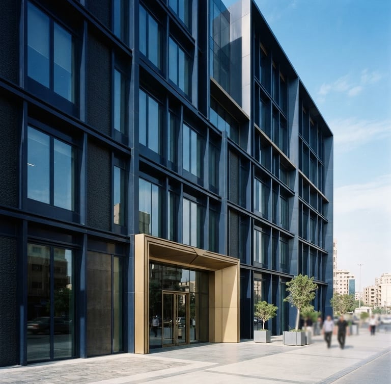 Premium corporate photography of a modern architectural bank facade in Baghdad under sharp daylight, clean lines, deep navy tones, 35mm