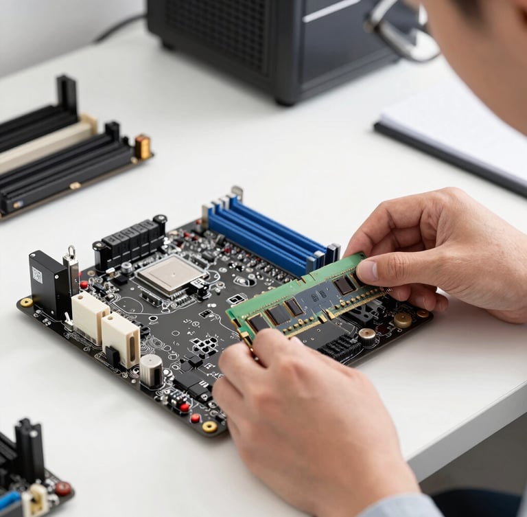 Close-up of a clean, organized electronics workbench with a technician carefully installing RAM into a motherboard under bright natural studio light