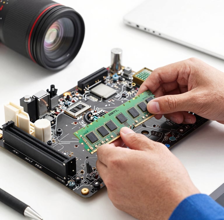 Hands of a professional technician installing RAM memory into a motherboard, clean workspace, bright natural light, macro shot, 50mm lens