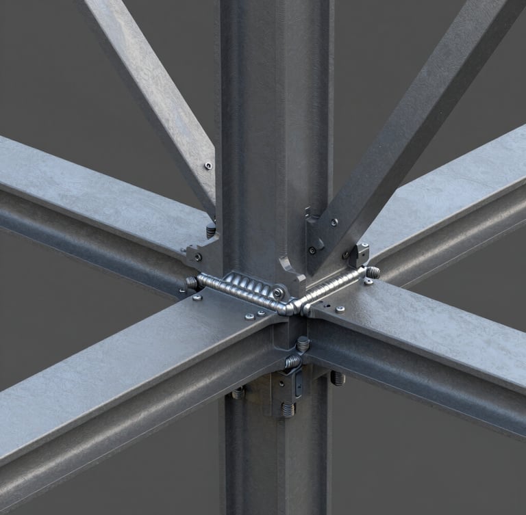 High-resolution 3D Tekla Structures model screenshot showing complex heavy steel connection with gusset plates, bolts, and welds in sharp technical detail.