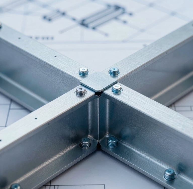 Macro close-up of a 3D Tekla model showing complex steel beam-to-column connections with detailed bolts and gusset plates, cool crisp technical lighting, blueprint aesthetic